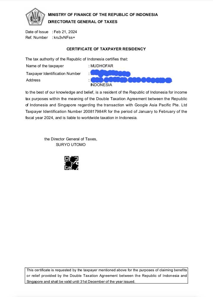 tampilan SKD SPDN atau certificate of taxpayer residency