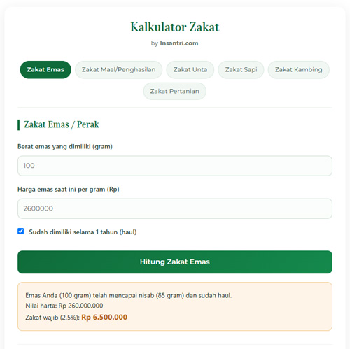 Kalkulator Zakat online by insantri.com